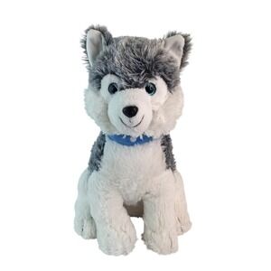 Walmart Husky Dog Wolf Plush 14" Gray White Blue Glitter Eyes Collar Sitting